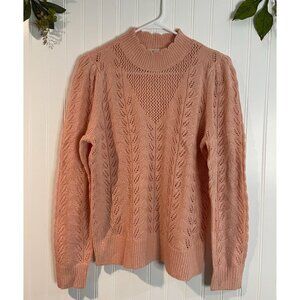 Loft Womens Scalloped Mock Neck Sweater Pink Leaf Pattern Knit Acrylic/Nylon S